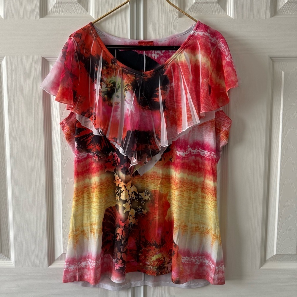 MiSomiso Plus Red and Yellow Multicolor Pattern Women's Plus Size Top Size 3X
